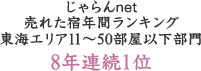じゃらんnet 売れた宿年間ランキング東海エリア11~50部屋以下部門 8年連続1位